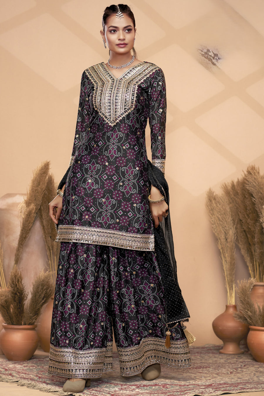 Black Chinon Silk Palazzo Suit For Indian Wedding & Pakistani Festival - Embroidery Work, Print Work, Mirror Work