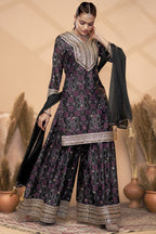 Black Chinon Silk Palazzo Suit For Indian Wedding & Pakistani Festival - Embroidery Work, Print Work, Mirror Work