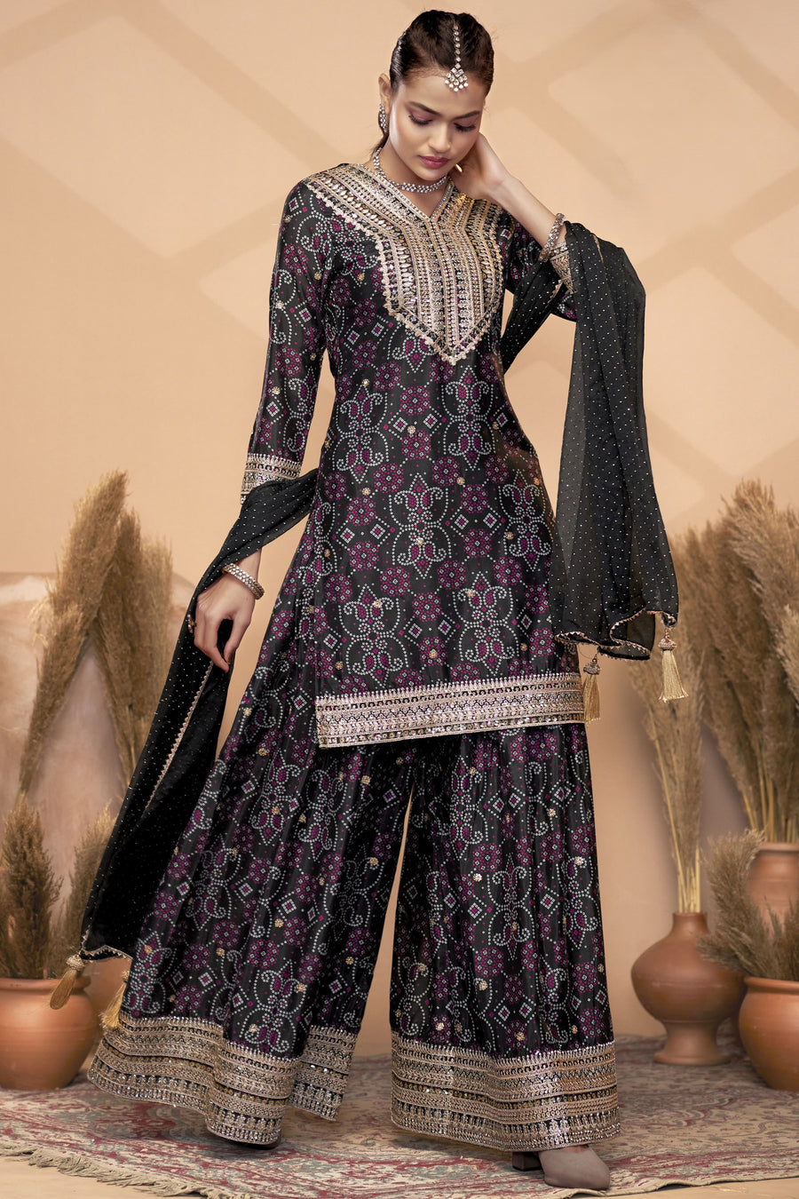 Black Chinon Silk Palazzo Suit For Indian Wedding & Pakistani Festival - Embroidery Work, Print Work, Mirror Work