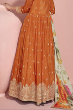 Orange Chinon Silk Long Anarkali Suit For Indian Festivals & Pakistani Weddings Dress - Embroidery Work