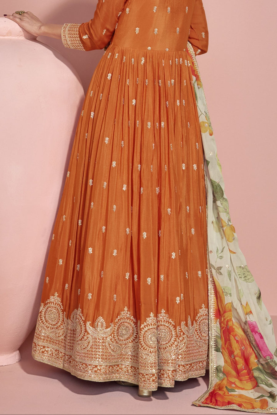 Orange Chinon Silk Long Anarkali Suit For Indian Festivals & Pakistani Weddings Dress - Embroidery Work