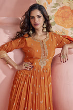 Orange Chinon Silk Long Anarkali Suit For Indian Festivals & Pakistani Weddings Dress - Embroidery Work