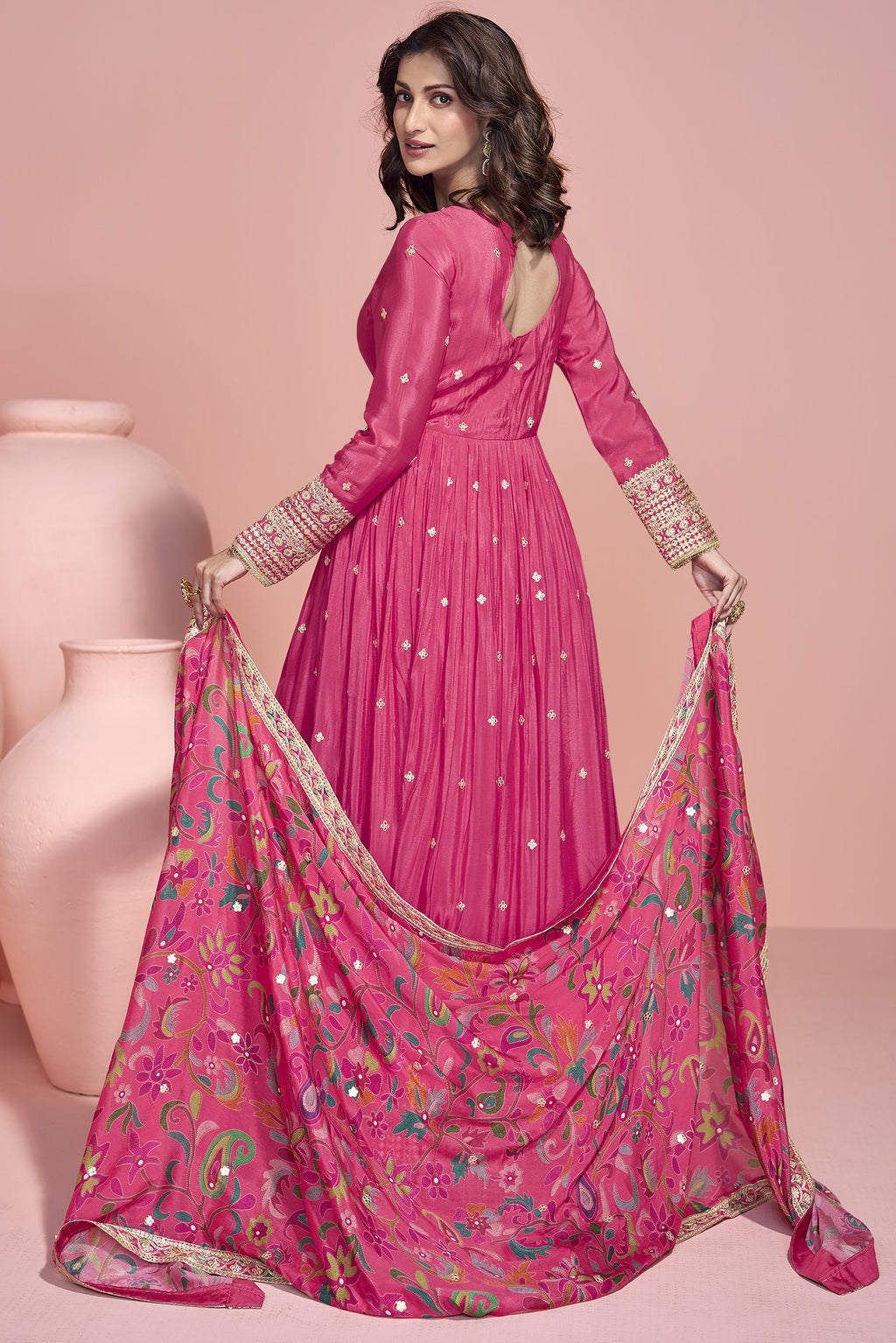 Pink Chinon Silk Long Anarkali Suit For Indian Festivals & Pakistani Weddings Dress - Embroidery Work