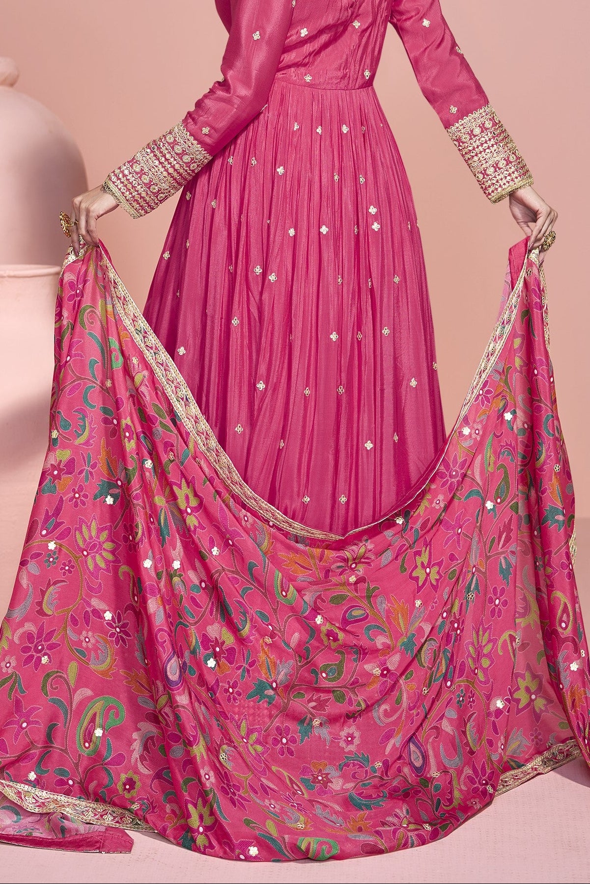 Pink Chinon Silk Long Anarkali Suit For Indian Festivals & Pakistani Weddings Dress - Embroidery Work