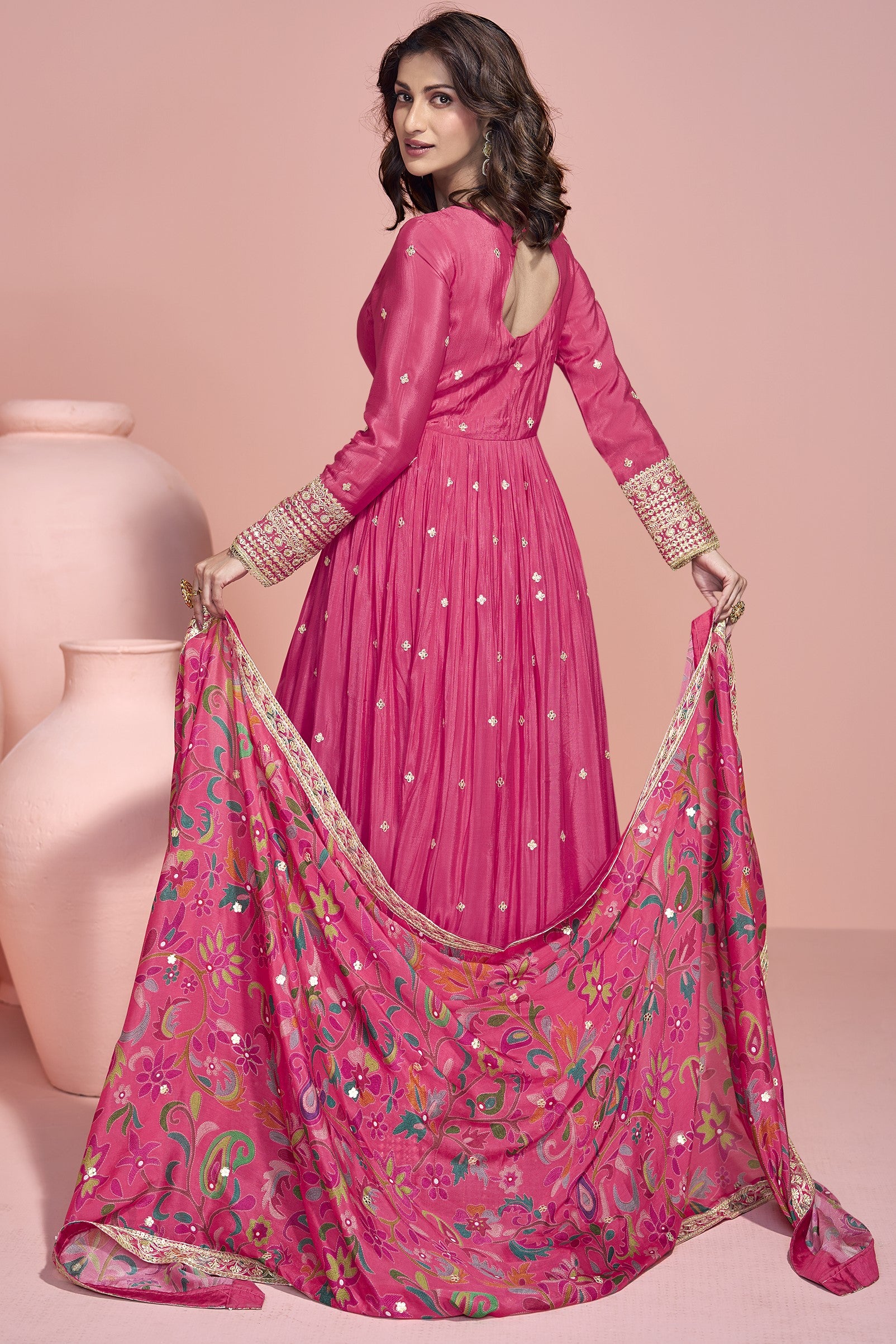 Pink Chinon Silk Long Anarkali Suit For Indian Festivals & Pakistani Weddings Dress - Embroidery Work