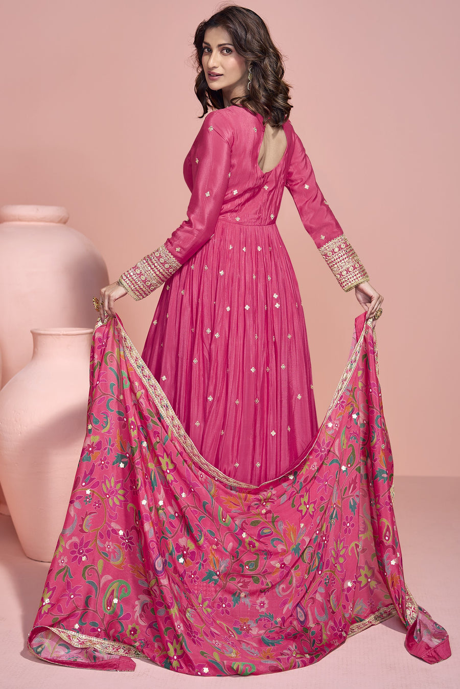 Pink Chinon Silk Long Anarkali Suit For Indian Festivals & Pakistani Weddings Dress - Embroidery Work