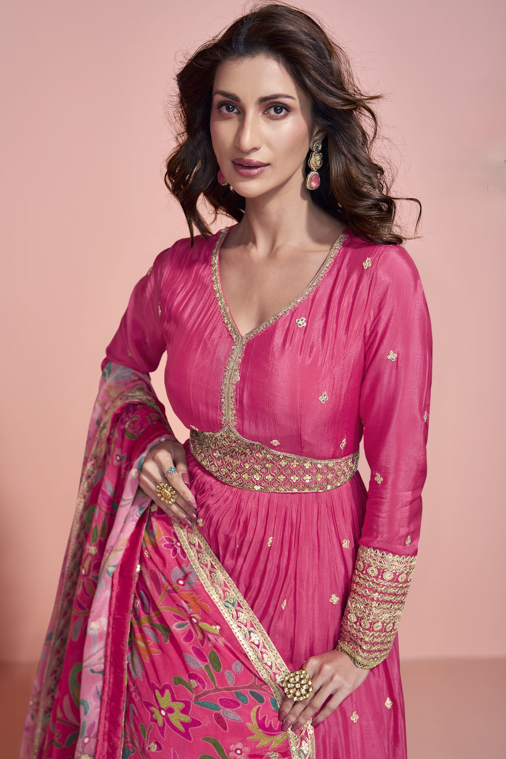 Pink Chinon Silk Long Anarkali Suit For Indian Festivals & Pakistani Weddings Dress - Embroidery Work