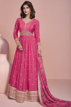 Pink Chinon Silk Long Anarkali Suit For Indian Festivals & Pakistani Weddings Dress - Embroidery Work