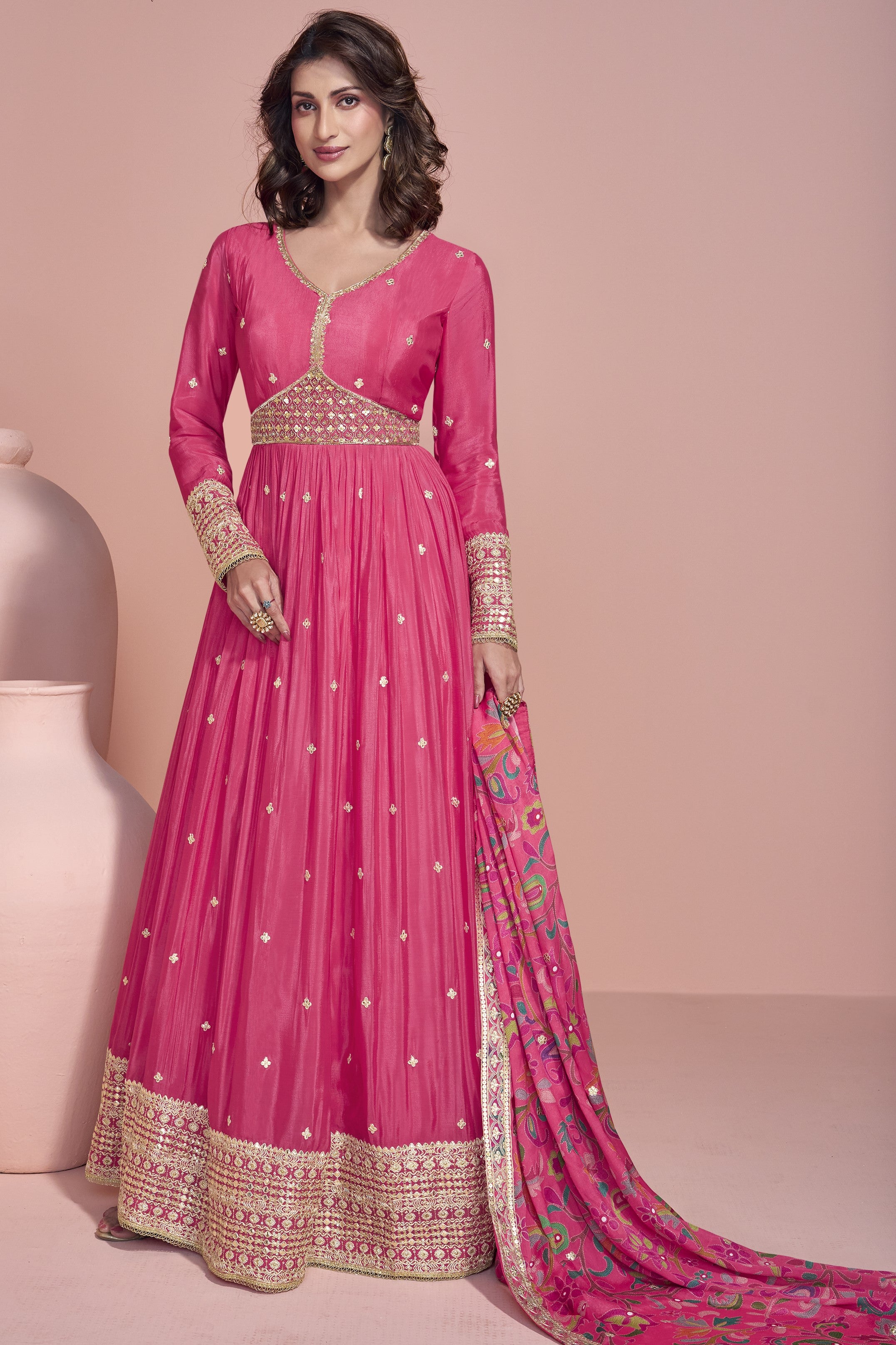 Pink Chinon Silk Long Anarkali Suit For Indian Festivals & Pakistani Weddings Dress - Embroidery Work