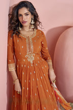 Orange Chinon Silk Long Anarkali Suit For Indian Festivals & Pakistani Weddings Dress - Embroidery Work