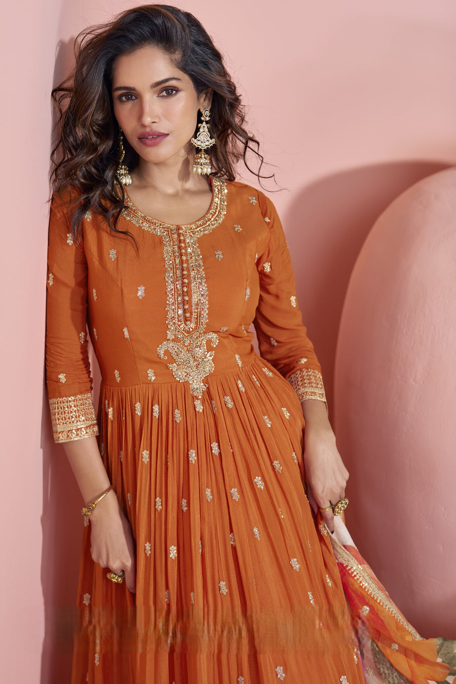 Orange Chinon Silk Long Anarkali Suit For Indian Festivals & Pakistani Weddings Dress - Embroidery Work