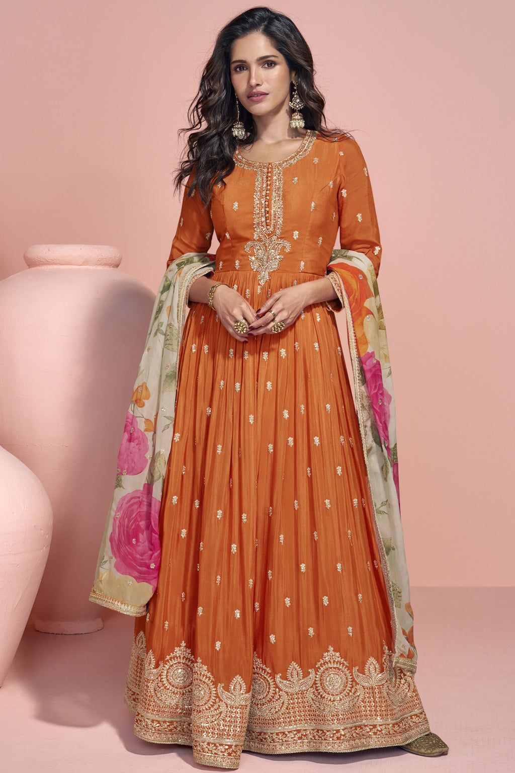 Orange Chinon Silk Long Anarkali Suit For Indian Festivals & Pakistani Weddings Dress - Embroidery Work