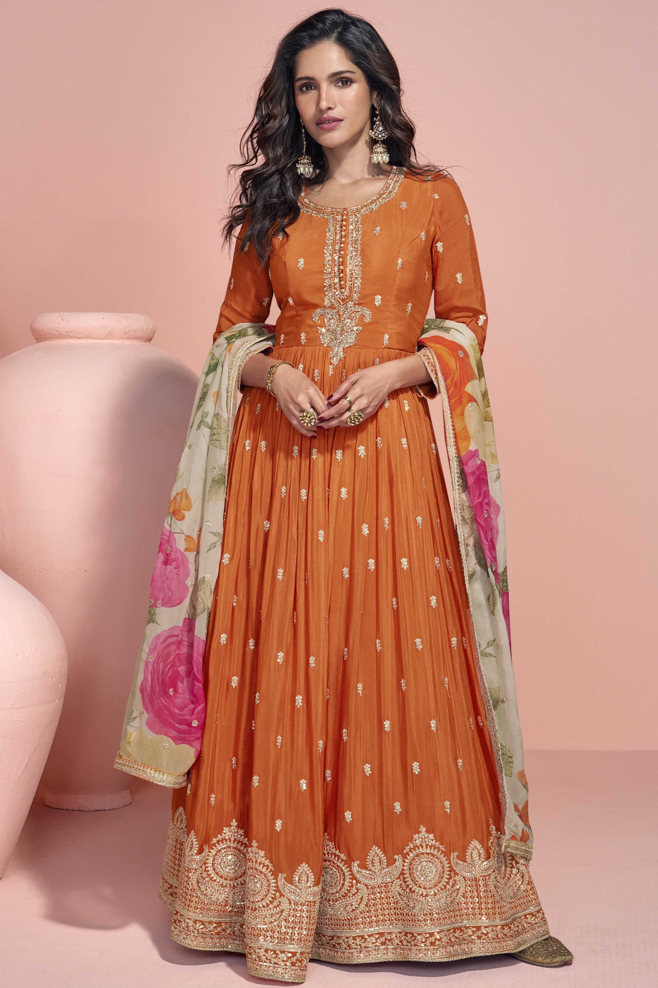 Orange Chinon Silk Long Anarkali Suit For Indian Festivals & Pakistani Weddings Dress - Embroidery Work
