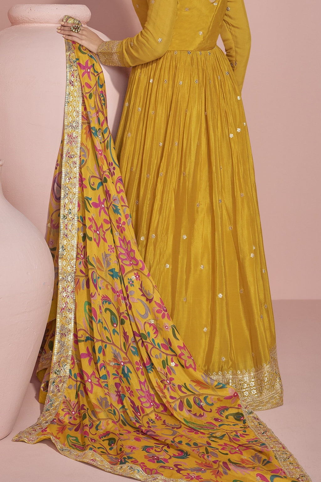 Yellow Chinon Silk Long Anarkali Suit For Indian Festivals & Pakistani Weddings Dress - Embroidery Work