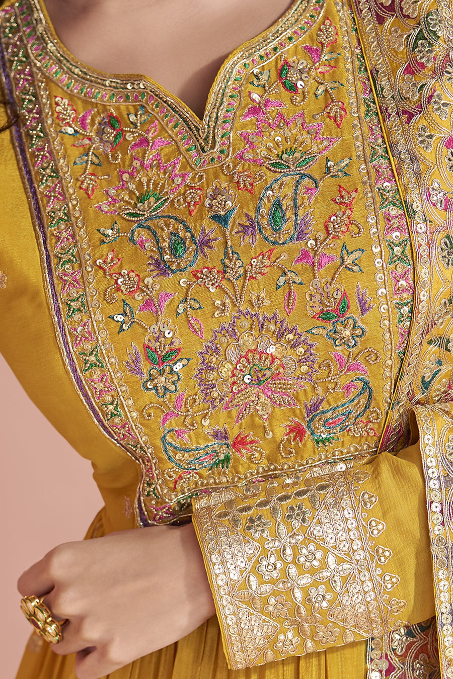 Yellow Chinon Silk Long Anarkali Suit For Indian Festivals & Pakistani Weddings Dress - Embroidery Work