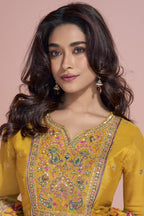 Yellow Chinon Silk Long Anarkali Suit For Indian Festivals & Pakistani Weddings Dress - Embroidery Work