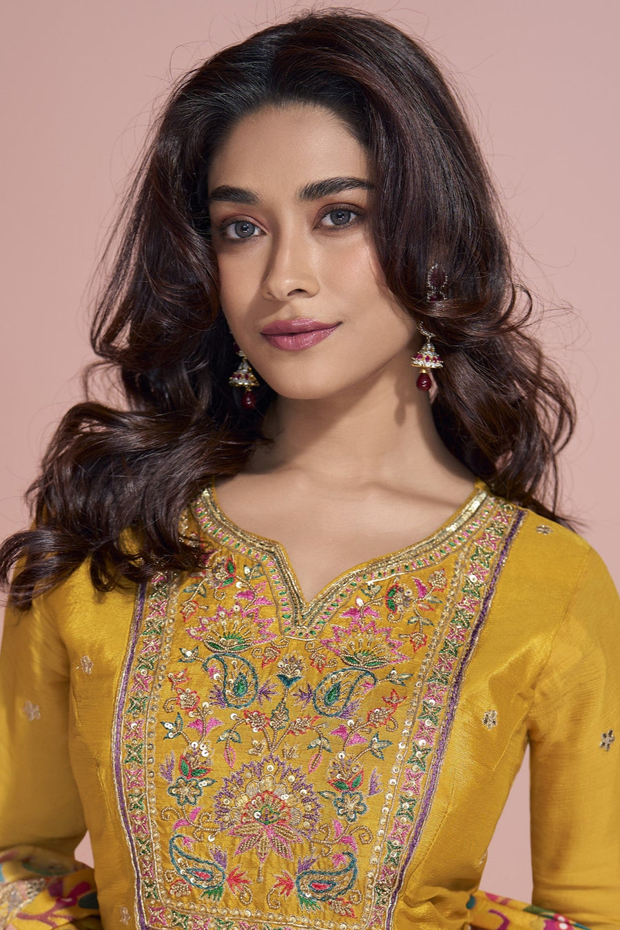 Yellow Chinon Silk Long Anarkali Suit For Indian Festivals & Pakistani Weddings Dress - Embroidery Work