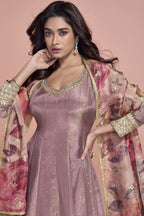 Rose Gold Jacquard Silk Long Anarkali Suit For Indian Festivals & Pakistani Weddings Dress - Embroidery Work, Print Work