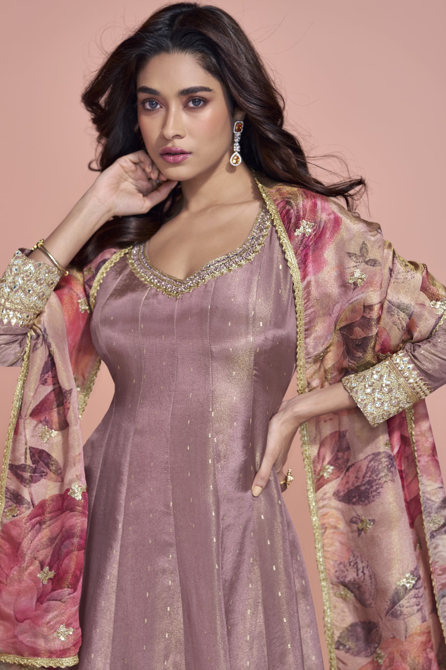 Rose Gold Jacquard Silk Long Anarkali Suit For Indian Festivals & Pakistani Weddings Dress - Embroidery Work, Print Work