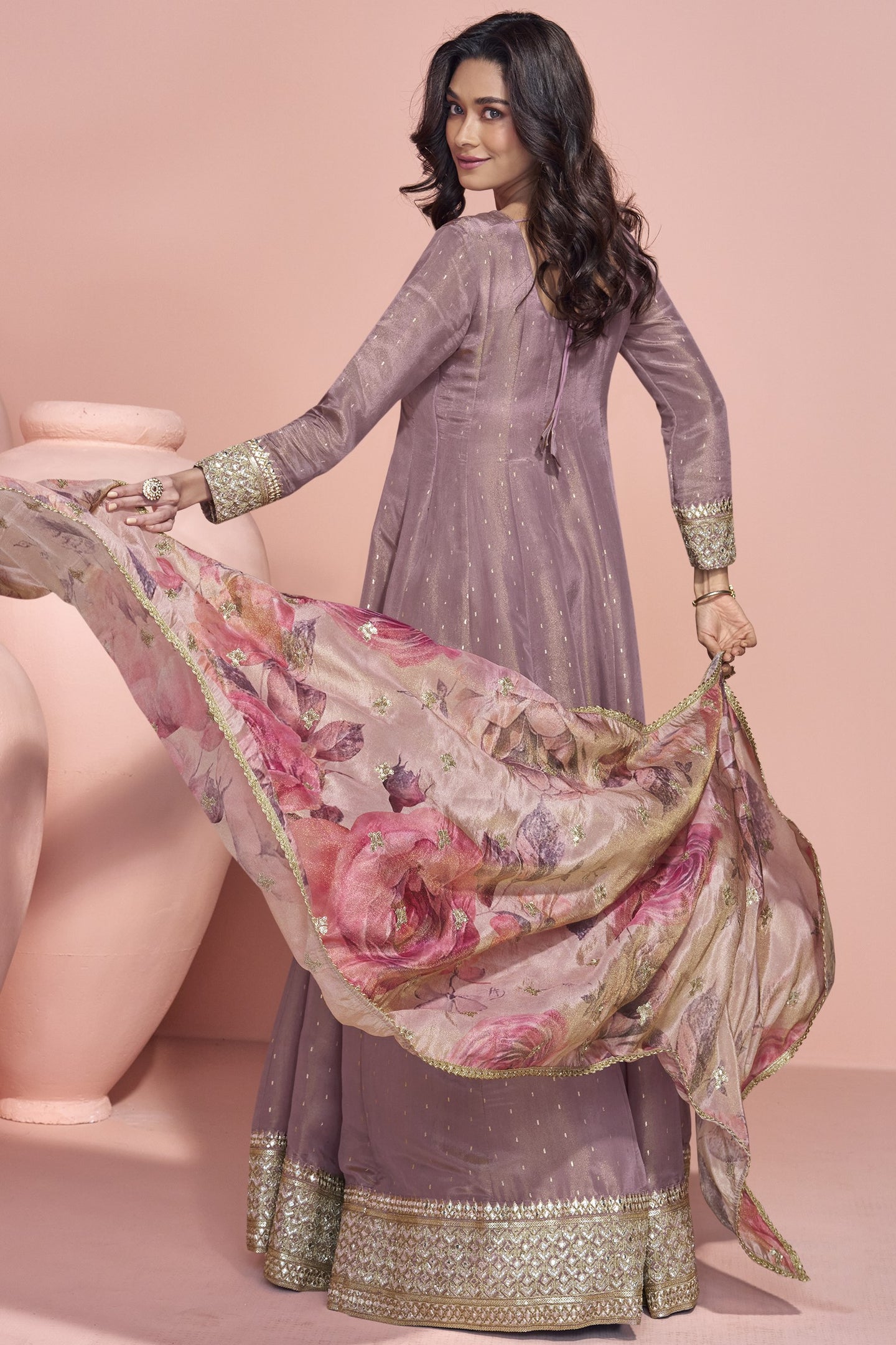 Rose Gold Jacquard Silk Long Anarkali Suit For Indian Festivals & Pakistani Weddings Dress - Embroidery Work, Print Work