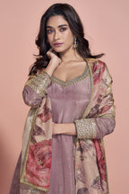 Rose Gold Jacquard Silk Long Anarkali Suit For Indian Festivals & Pakistani Weddings Dress - Embroidery Work, Print Work