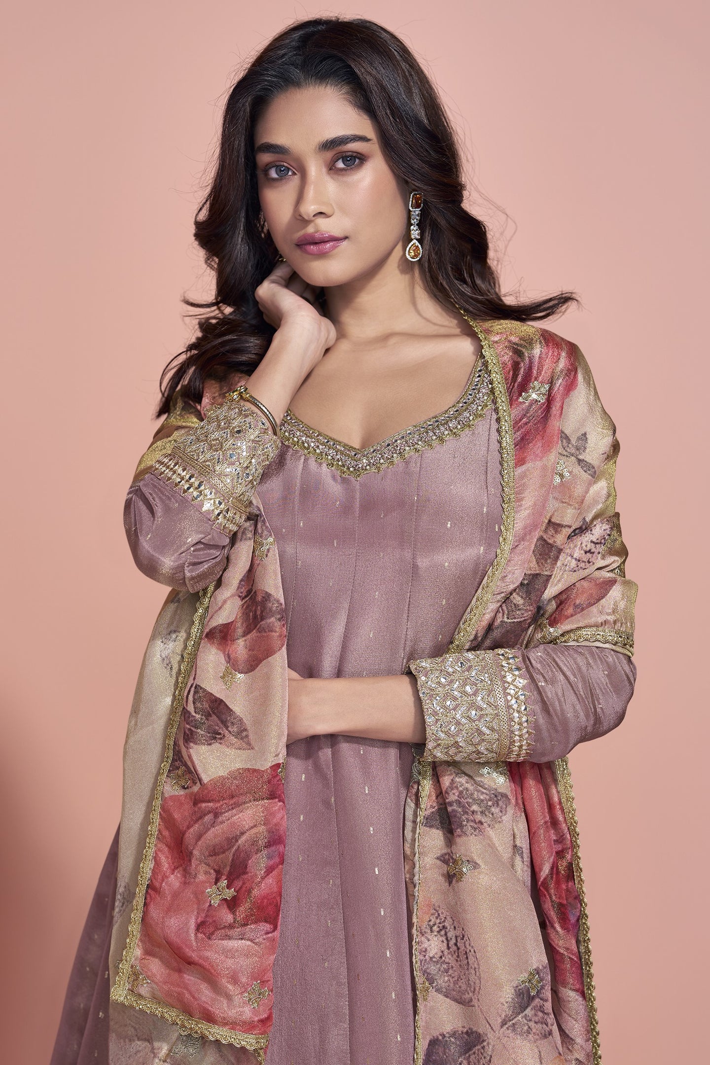 Rose Gold Jacquard Silk Long Anarkali Suit For Indian Festivals & Pakistani Weddings Dress - Embroidery Work, Print Work