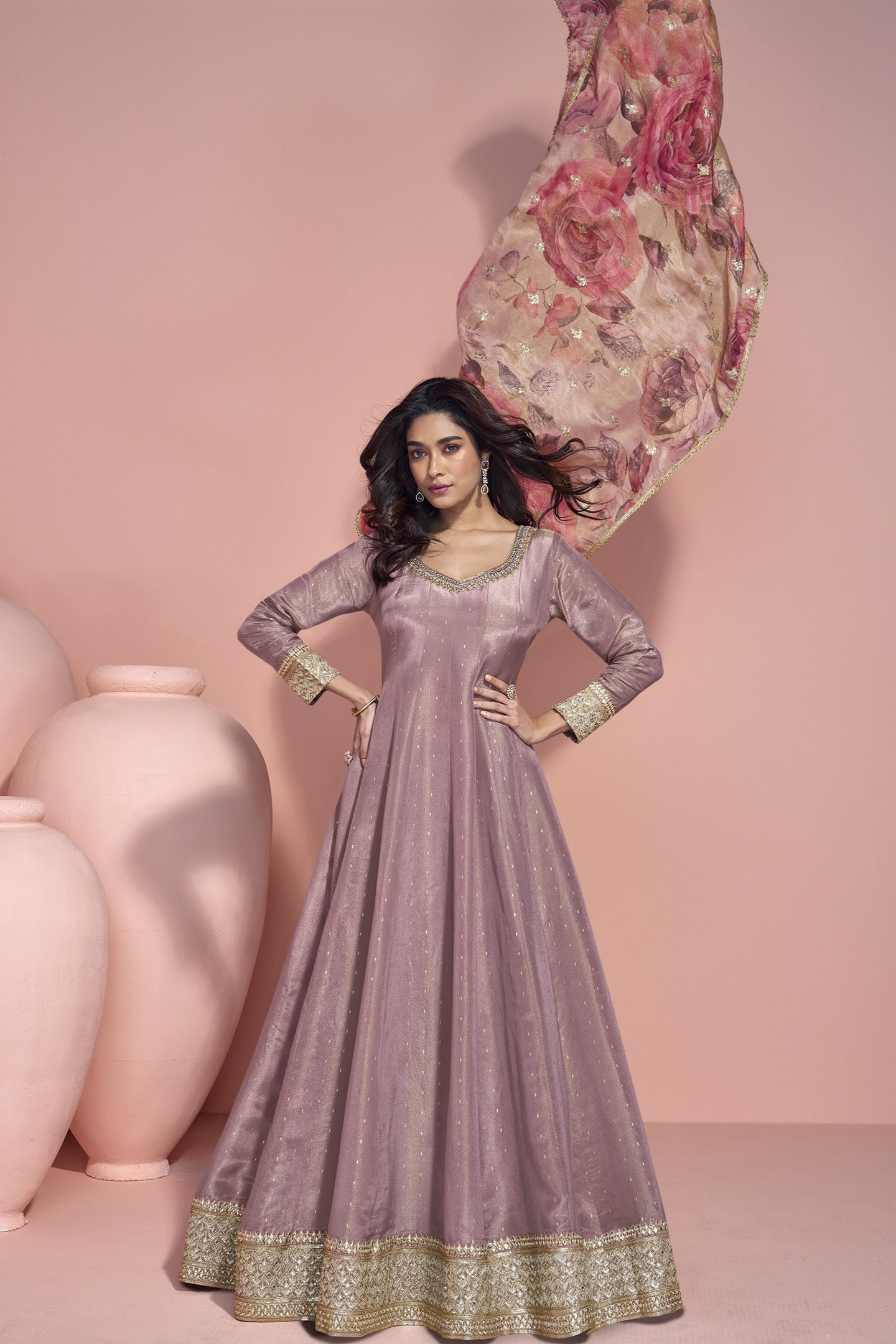 Rose Gold Jacquard Silk Long Anarkali Suit For Indian Festivals & Pakistani Weddings Dress - Embroidery Work, Print Work
