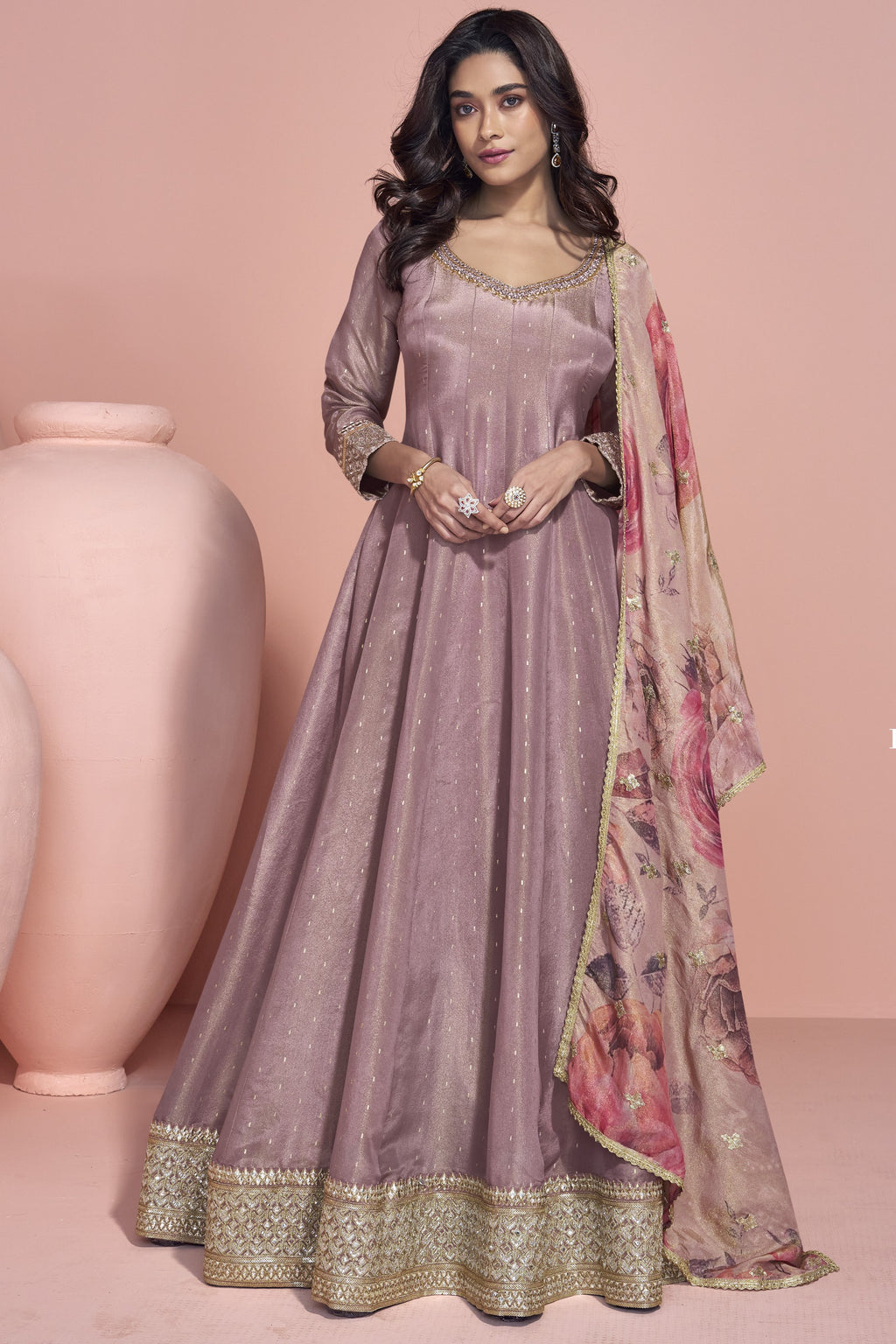 Rose Gold Jacquard Silk Long Anarkali Suit For Indian Festivals & Pakistani Weddings Dress - Embroidery Work, Print Work