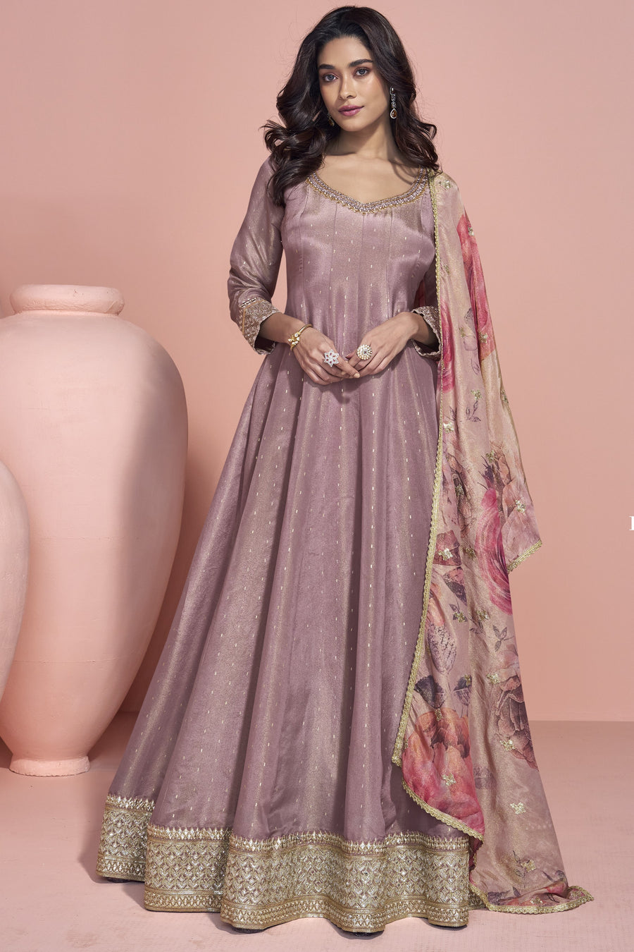 Rose Gold Jacquard Silk Long Anarkali Suit For Indian Festivals & Pakistani Weddings Dress - Embroidery Work, Print Work