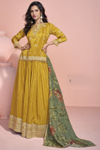 Yellow Jacquard Silk Long Anarkali Suit For Indian Festivals & Pakistani Weddings Dress - Embroidery Work, Print Work