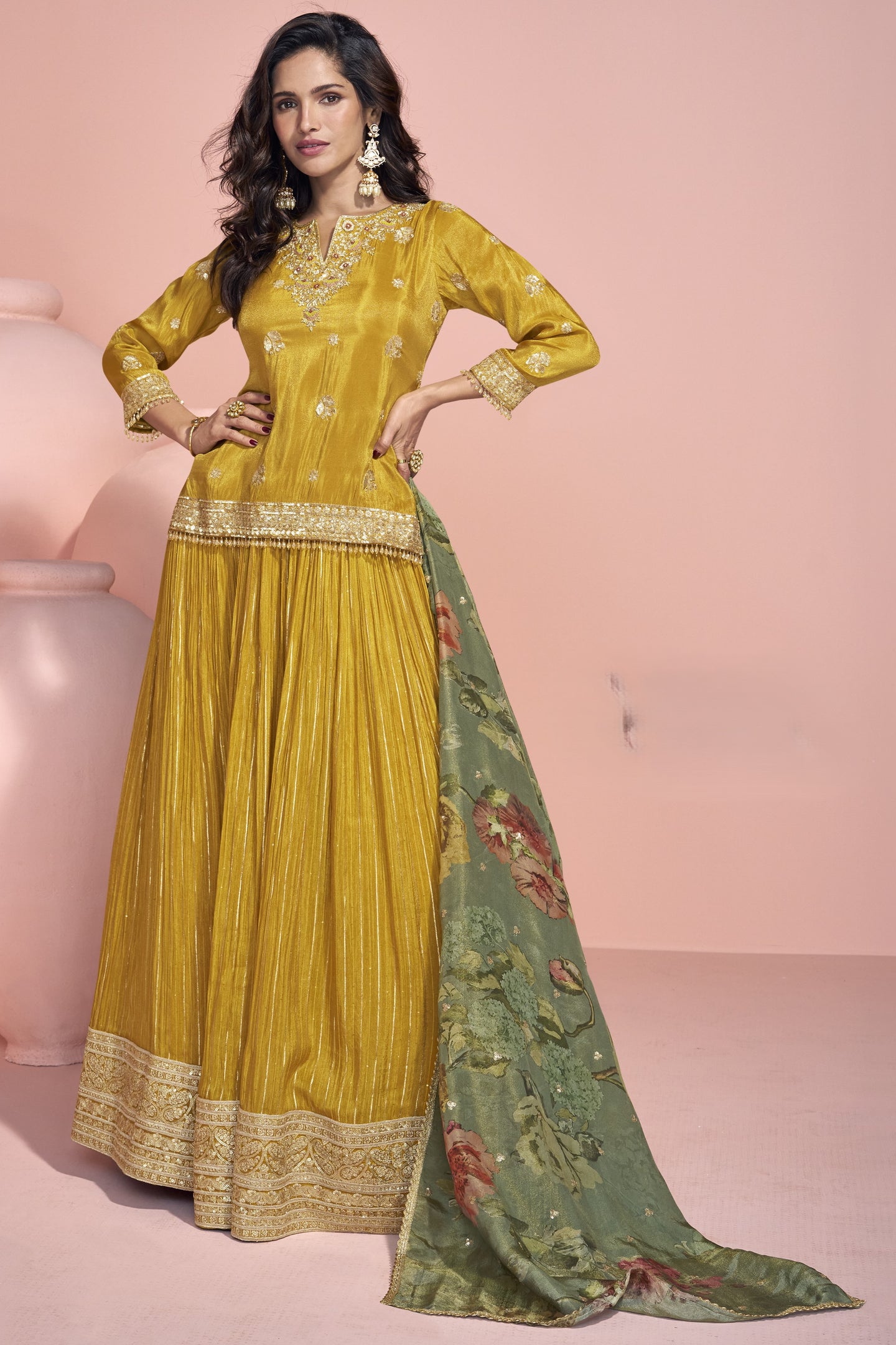Yellow Jacquard Silk Long Anarkali Suit For Indian Festivals & Pakistani Weddings Dress - Embroidery Work, Print Work