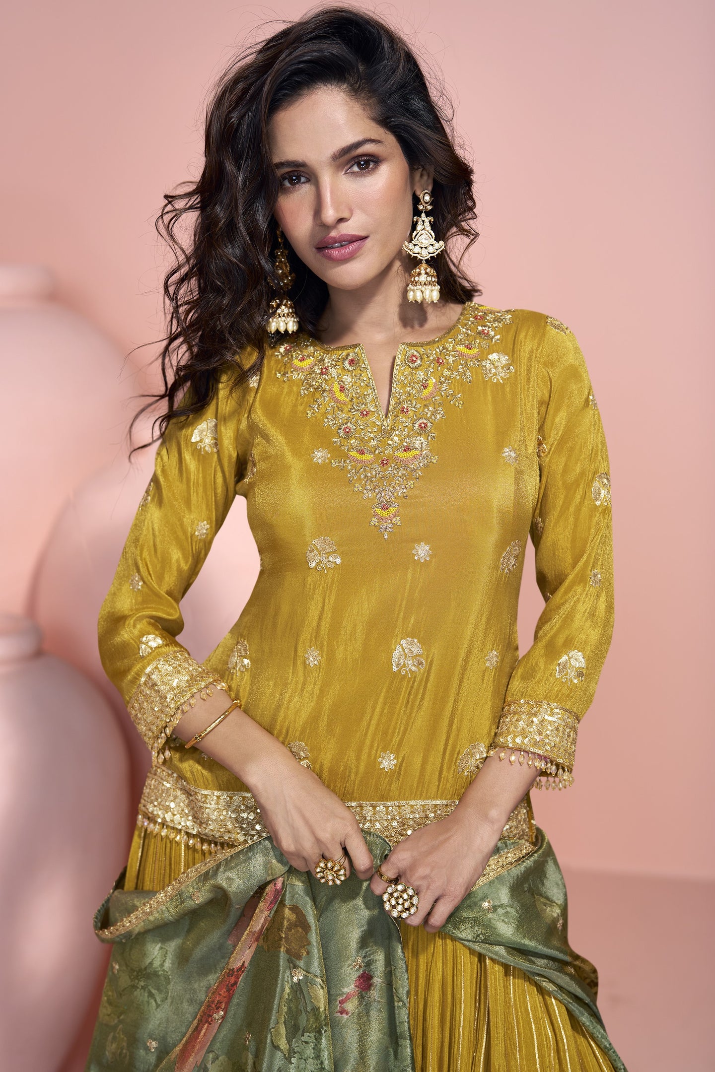 Yellow Jacquard Silk Long Anarkali Suit For Indian Festivals & Pakistani Weddings Dress - Embroidery Work, Print Work