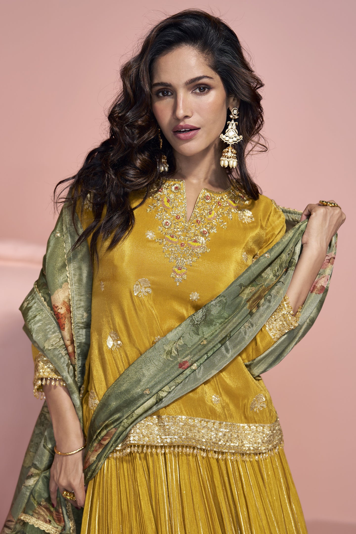 Yellow Jacquard Silk Long Anarkali Suit For Indian Festivals & Pakistani Weddings Dress - Embroidery Work, Print Work