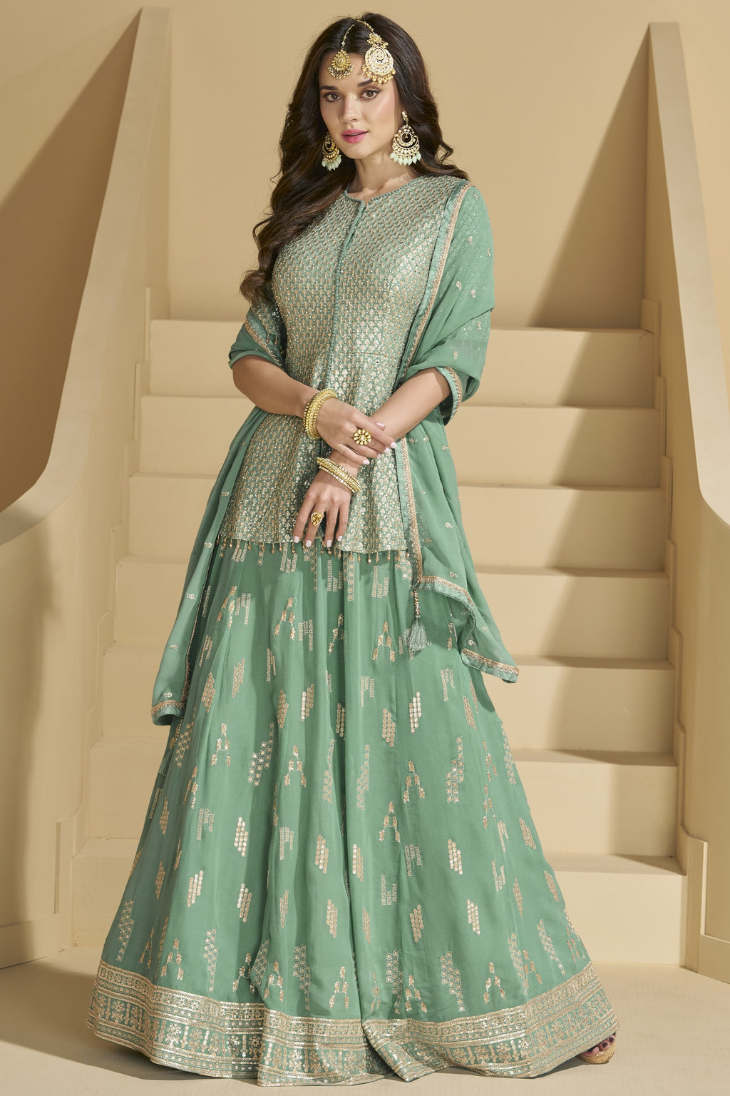 Pista Green Georgette Kameez with Skirt Suit For Indian Wedding & Festival - Embroidery Work