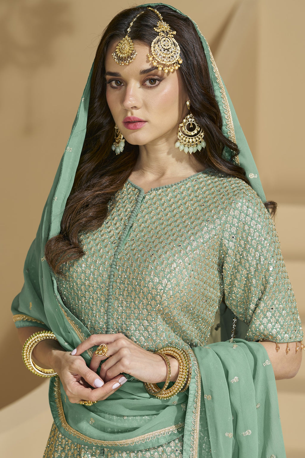 Pista Green Georgette Kameez with Skirt Suit For Indian Wedding & Festival - Embroidery Work