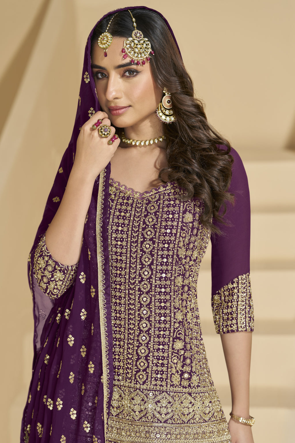 Dark Purple Georgette Kameez with Skirt Suit For Indian Wedding & Festival - Embroidery Work