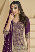 Dark Purple Georgette Kameez with Skirt Suit For Indian Wedding & Festival - Embroidery Work
