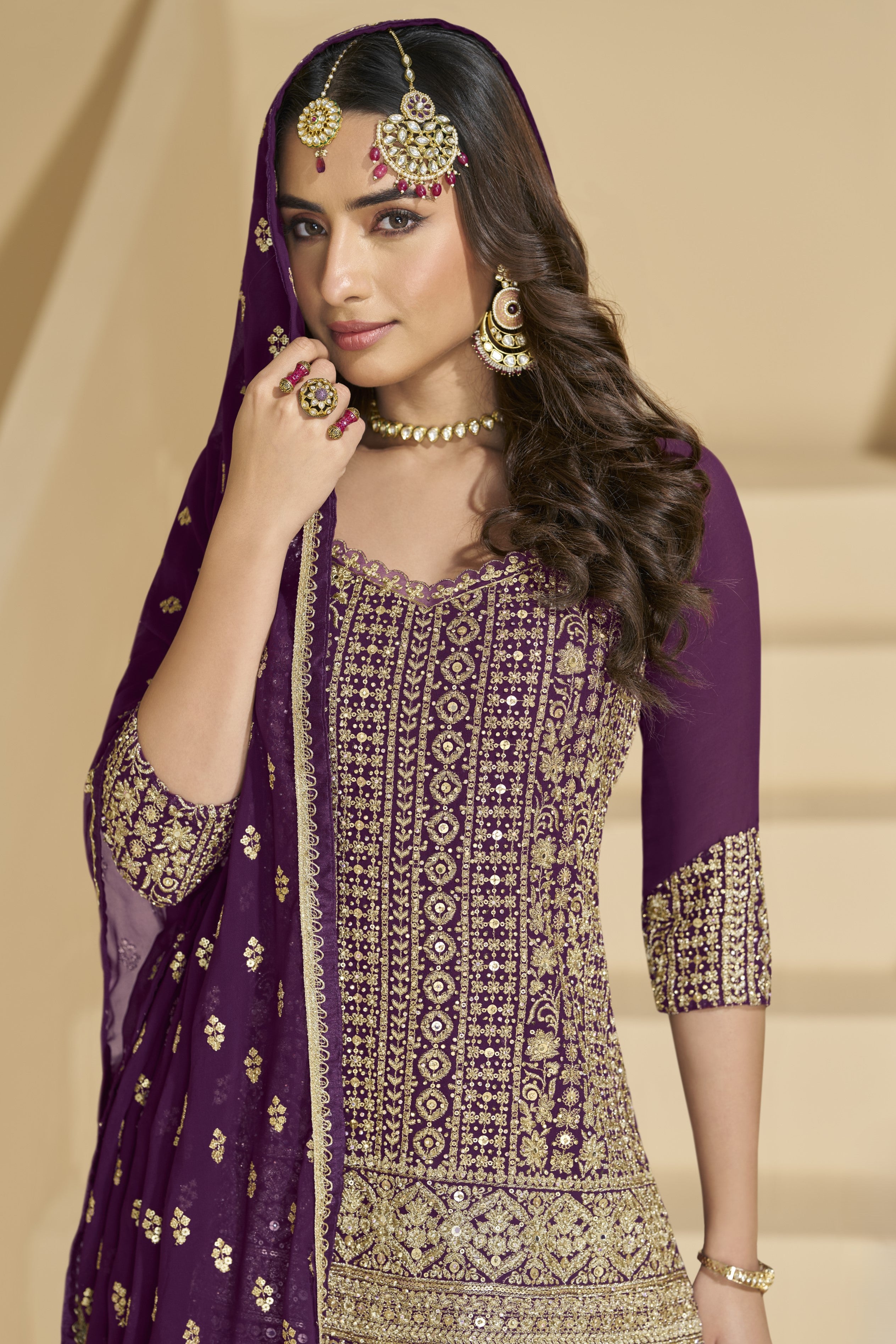 Dark Purple Georgette Kameez with Skirt Suit For Indian Wedding & Festival - Embroidery Work