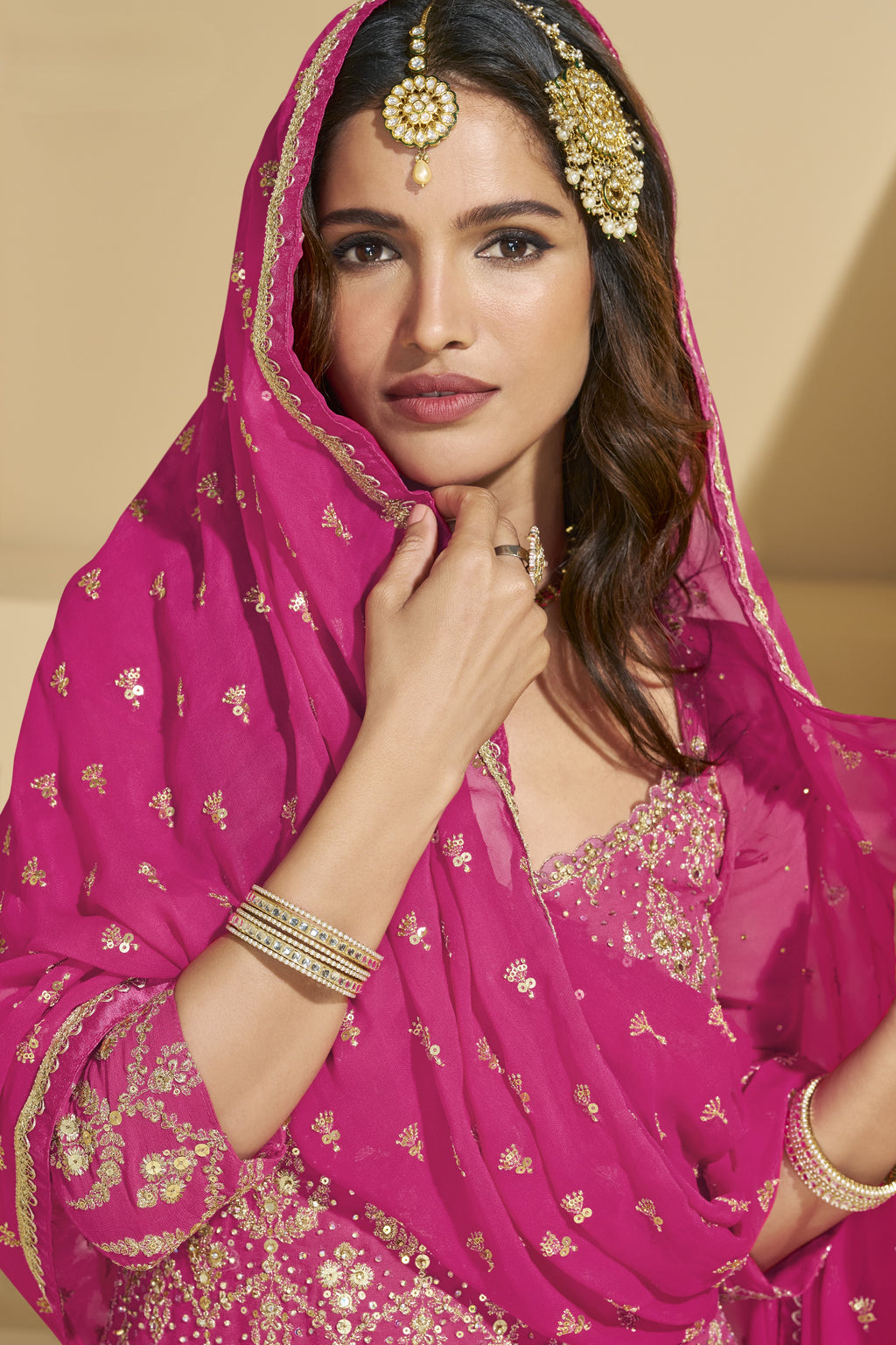 Pink Georgette Kameez with Skirt Suit For Indian Wedding & Festival - Embroidery Work