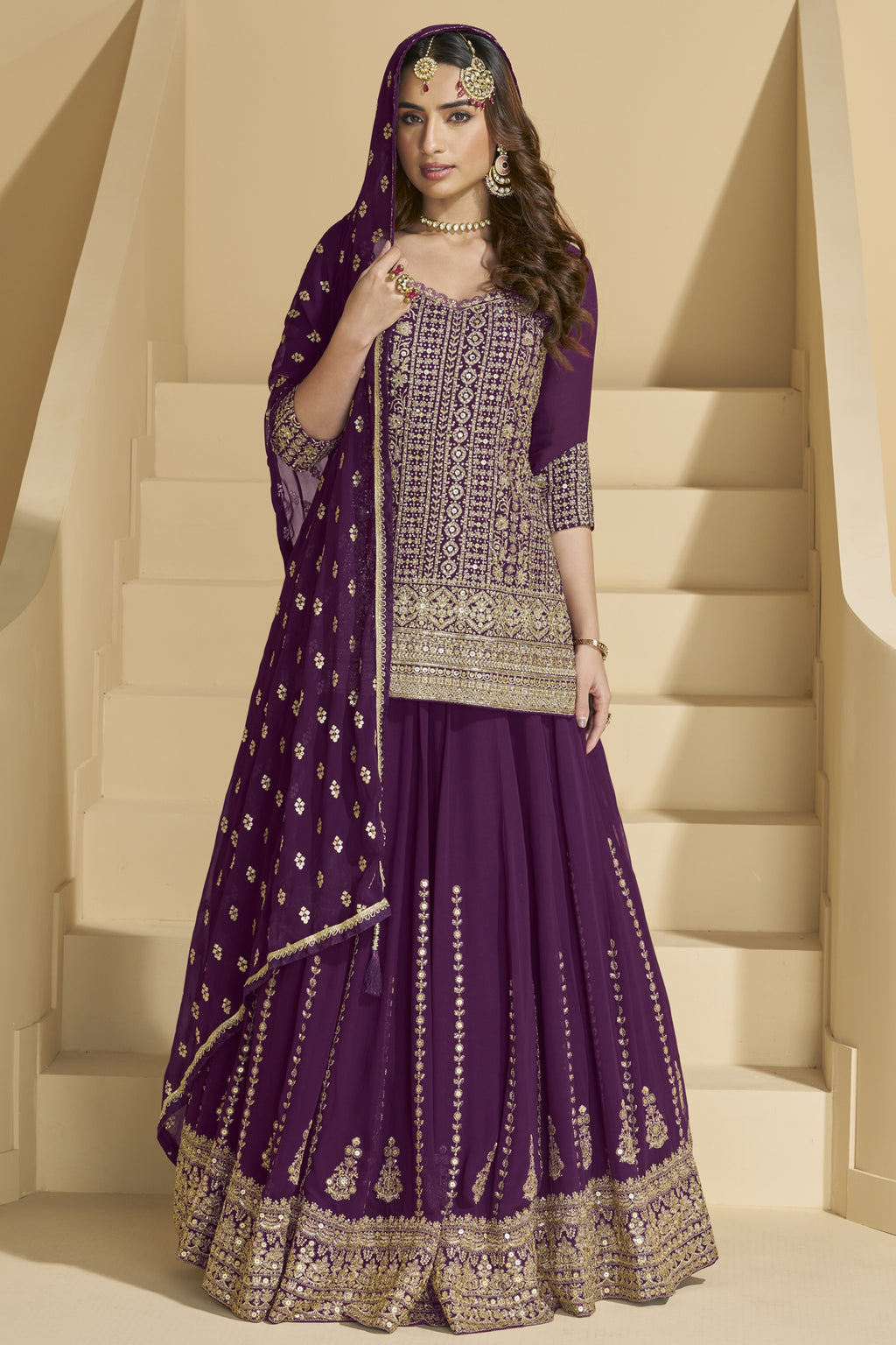 Dark Purple Georgette Kameez with Skirt Suit For Indian Wedding & Festival - Embroidery Work
