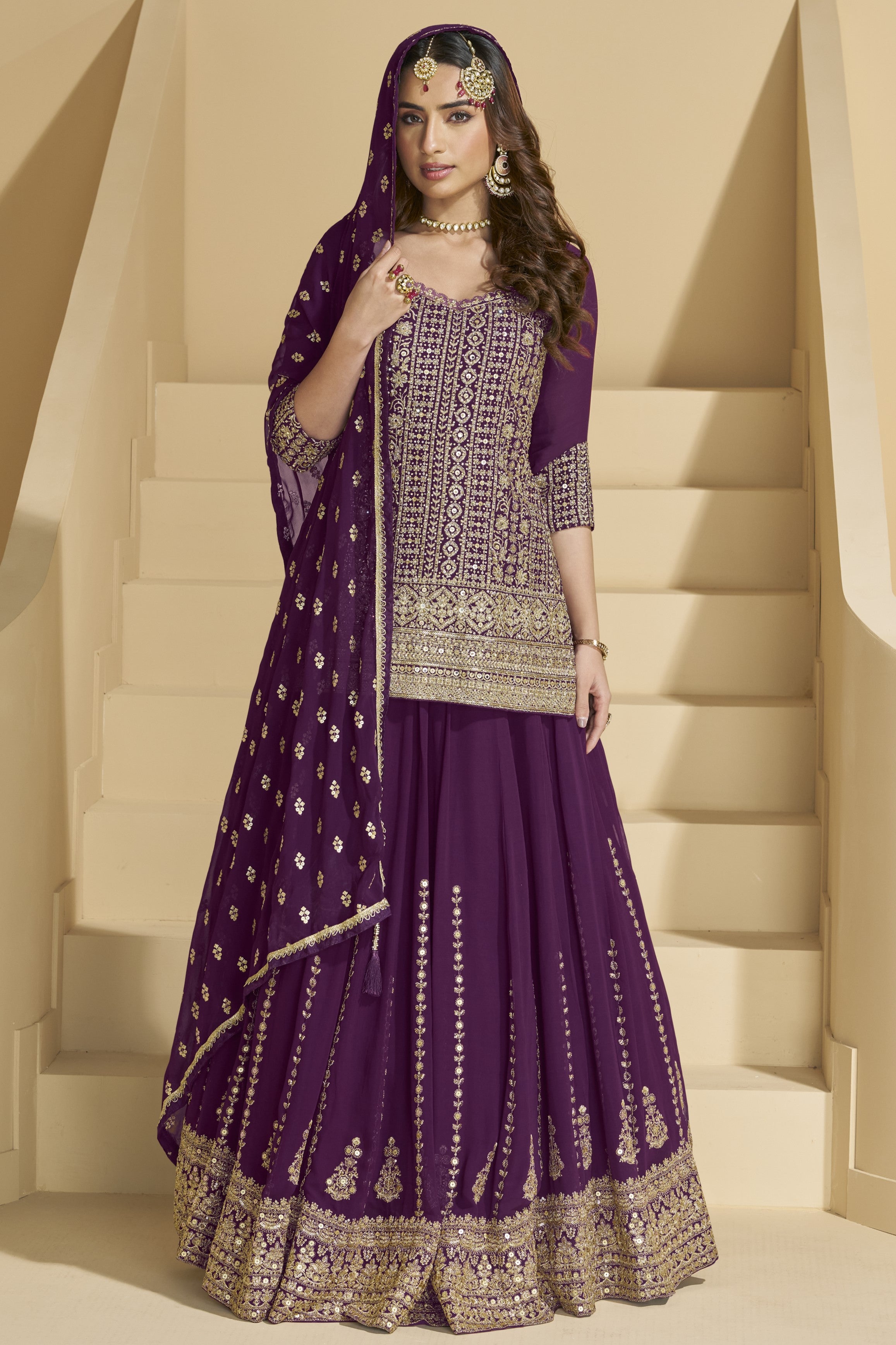 Dark Purple Georgette Kameez with Skirt Suit For Indian Wedding & Festival - Embroidery Work