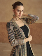 Black Georgette Gown with Jacket & Belt For Indian Festivals & Weddings - Embroidery Work