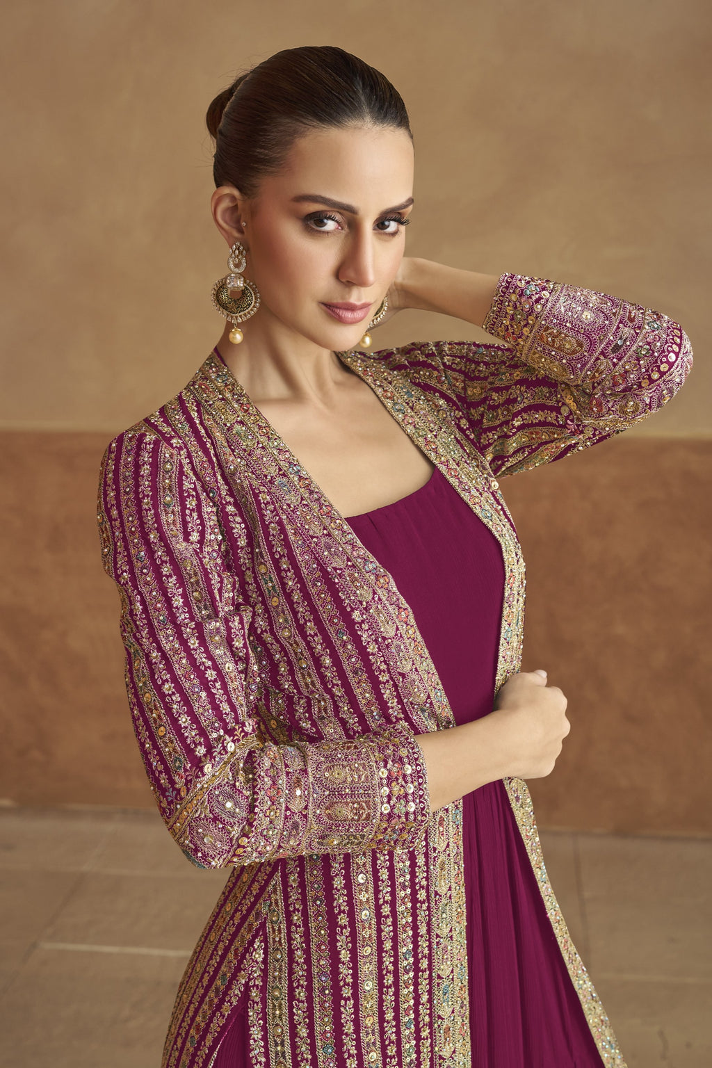 Dark Pink Georgette Gown with Jacket & Belt For Indian Festivals & Weddings - Embroidery Work