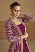 Dark Pink Georgette Gown with Jacket & Belt For Indian Festivals & Weddings - Embroidery Work