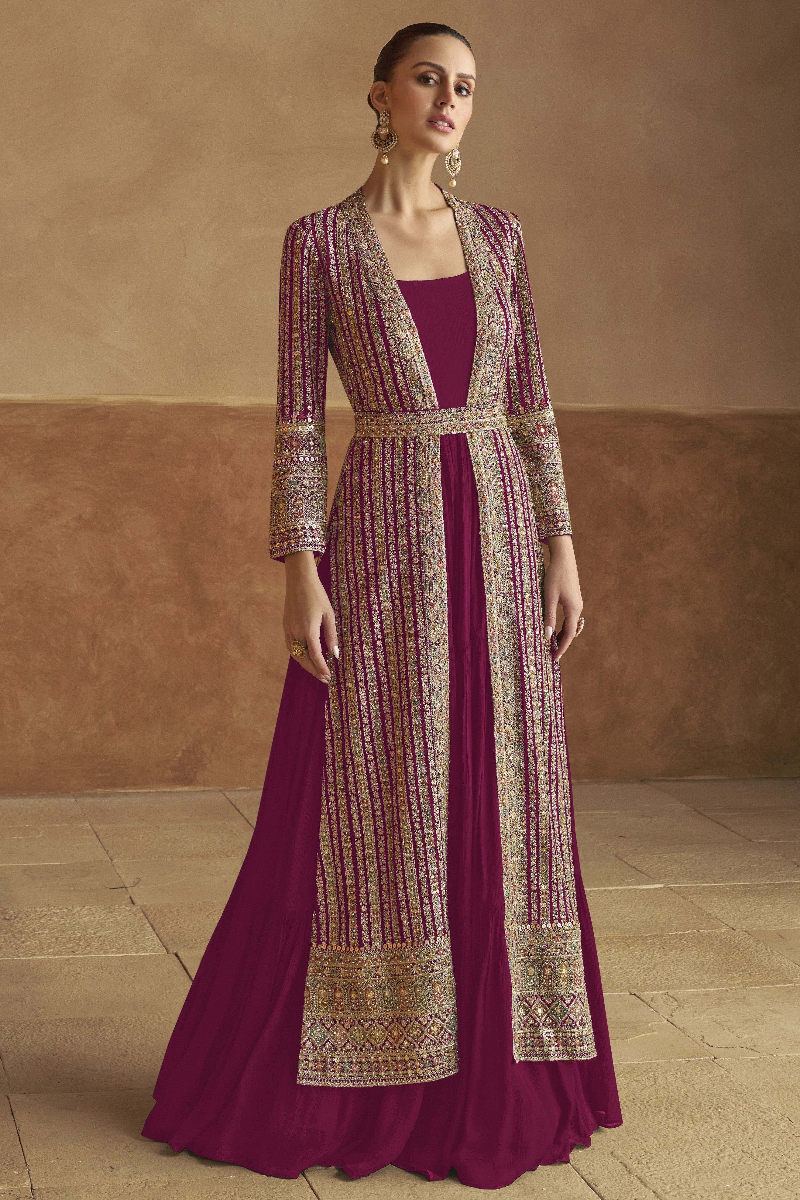 Dark Pink Georgette Gown with Jacket & Belt For Indian Festivals & Weddings - Embroidery Work