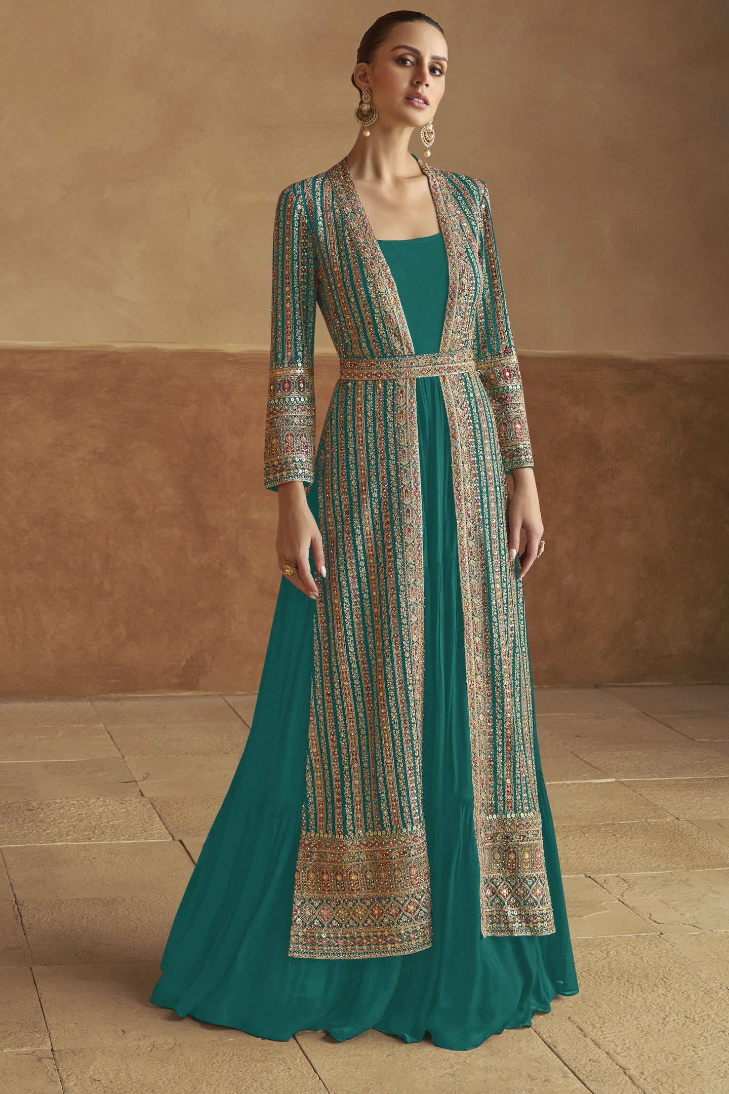 Peacock Blue Georgette Gown with Jacket & Belt For Indian Festivals & Weddings - Embroidery Work