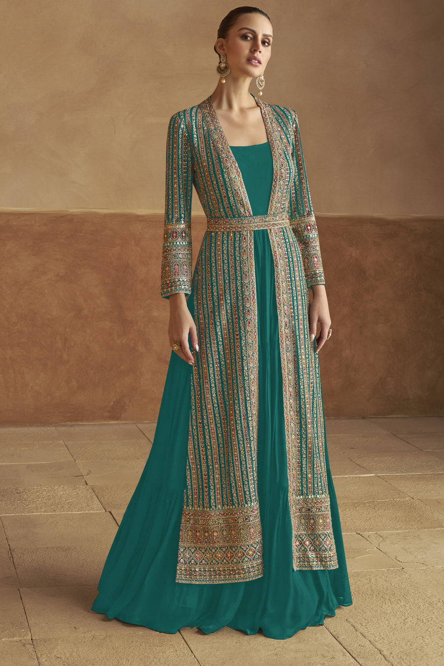 Peacock Blue Georgette Gown with Jacket & Belt For Indian Festivals & Weddings - Embroidery Work