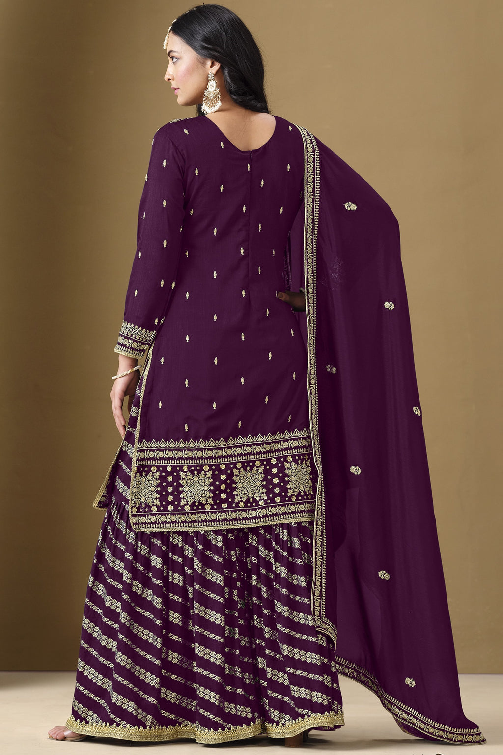 Dark Purple Art Silk Sharara Suit For Women Indian Festivals & Pakistani Weddings - Embroidery Work