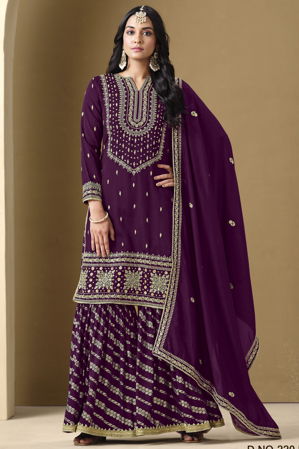 Dark Purple Art Silk Sharara Suit For Women Indian Festivals & Pakistani Weddings - Embroidery Work