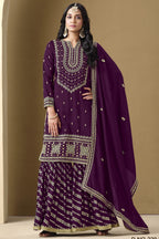 Dark Purple Art Silk Sharara Suit For Women Indian Festivals & Pakistani Weddings - Embroidery Work